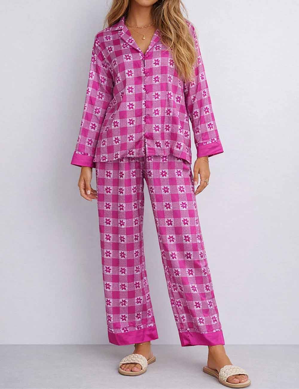 CouldNook Pajama Set 2 Piece-Green Plaid Floral Long Sleeve Button Down Top & Loose Pants Lounge Set