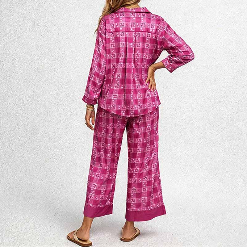 CouldNook Pajama Set 2 Piece-Green Plaid Floral Long Sleeve Button Down Top & Loose Pants Lounge Set