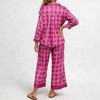 CouldNook Pajama Set 2 Piece-Green Plaid Floral Long Sleeve Button Down Top & Loose Pants Lounge Set