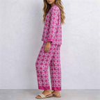 CouldNook Pajama Set 2 Piece-Green Plaid Floral Long Sleeve Button Down Top & Loose Pants Lounge Set