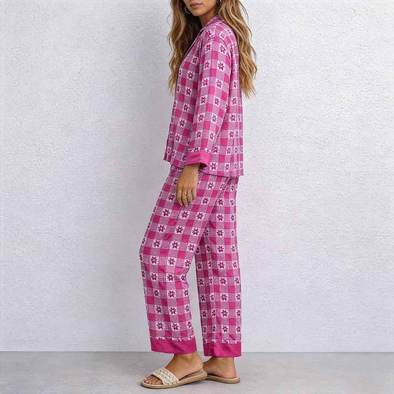 CouldNook Pajama Set 2 Piece-Green Plaid Floral Long Sleeve Button Down Top & Loose Pants Lounge Set