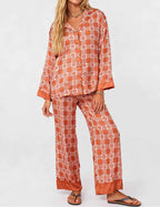 CouldNook Pajama Set 2 Piece-Green Plaid Floral Long Sleeve Button Down Top & Loose Pants Lounge Set
