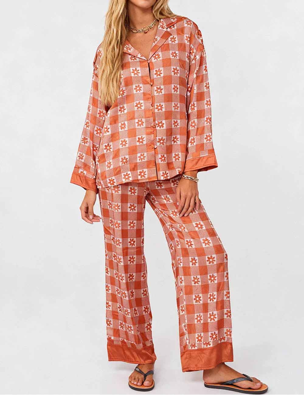 CouldNook Pajama Set 2 Piece-Green Plaid Floral Long Sleeve Button Down Top & Loose Pants Lounge Set