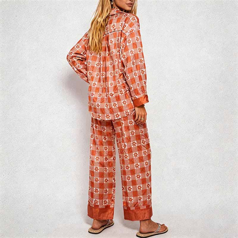 CouldNook Pajama Set 2 Piece-Green Plaid Floral Long Sleeve Button Down Top & Loose Pants Lounge Set