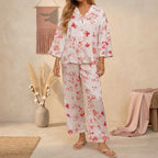 CouldNook Pajama Set 2 Piece-Floral Print V Neck Button Down Top & Loose Wide Leg Pants Lounge Set
