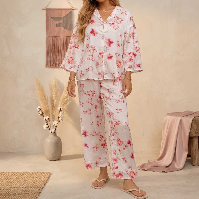 CouldNook Pajama Set 2 Piece-Floral Print V Neck Button Down Top & Loose Wide Leg Pants Lounge Set