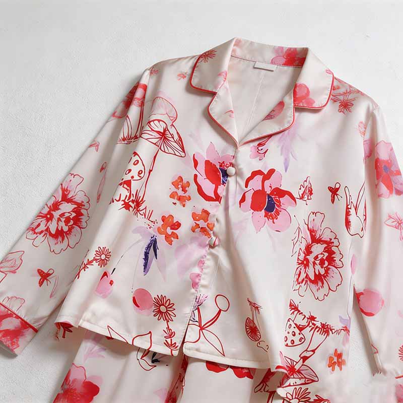 CouldNook Pajama Set 2 Piece-Floral Print V Neck Button Down Top & Loose Wide Leg Pants Lounge Set