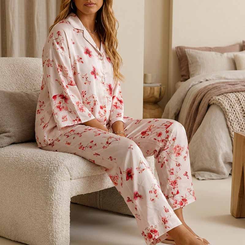 CouldNook Pajama Set 2 Piece-Floral Print V Neck Button Down Top & Loose Wide Leg Pants Lounge Set