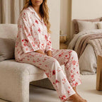 CouldNook Pajama Set 2 Piece-Floral Print V Neck Button Down Top & Loose Wide Leg Pants Lounge Set