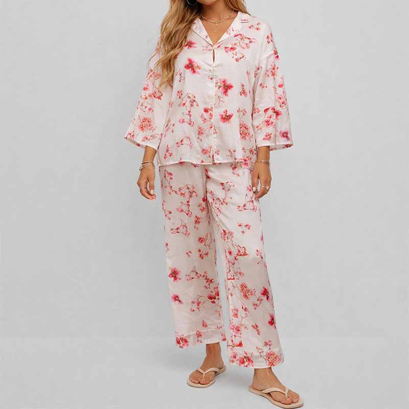 CouldNook Pajama Set 2 Piece-Floral Print V Neck Button Down Top & Loose Wide Leg Pants Lounge Set