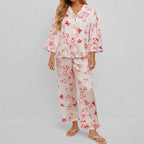 CouldNook Pajama Set 2 Piece-Floral Print V Neck Button Down Top & Loose Wide Leg Pants Lounge Set