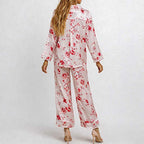 CouldNook Pajama Set 2 Piece-Floral Print V Neck Button Down Top & Loose Wide Leg Pants Lounge Set