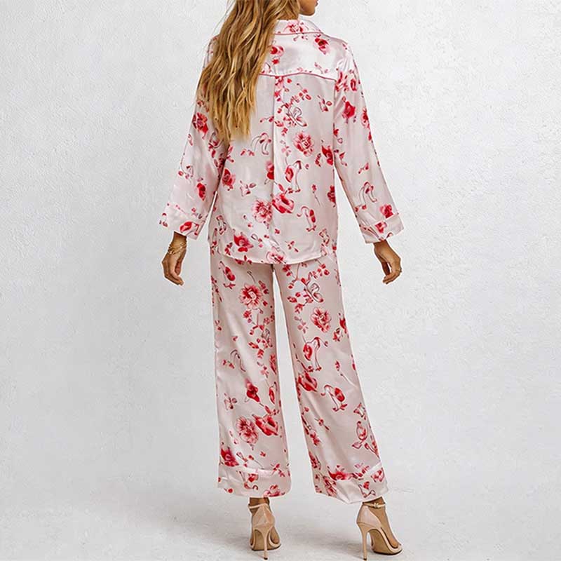 CouldNook Pajama Set 2 Piece-Floral Print V Neck Button Down Top & Loose Wide Leg Pants Lounge Set