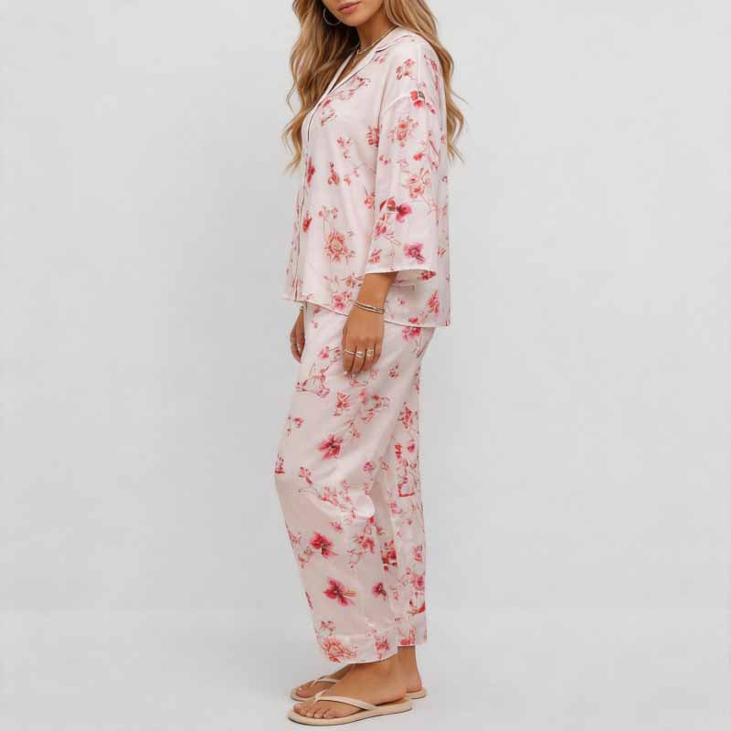 CouldNook Pajama Set 2 Piece-Floral Print V Neck Button Down Top & Loose Wide Leg Pants Lounge Set