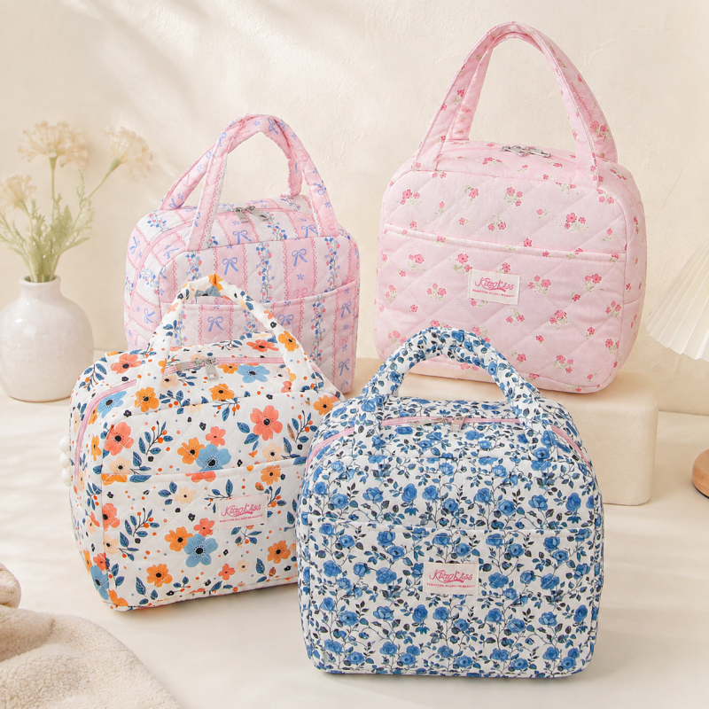 CouldNook Quilted Floral Lunch Bag - Front Pocket and Carry Handles