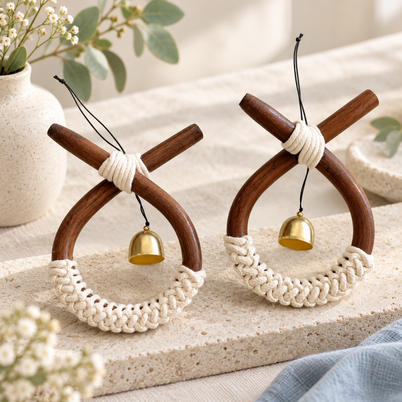 CouldNook Rattan Bell Wind Chime - Looped Frame And Knotted Cord
