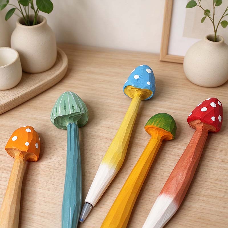 CouldNook Carved Mushroom Pen - Painted Cap And Faceted Wooden Stem