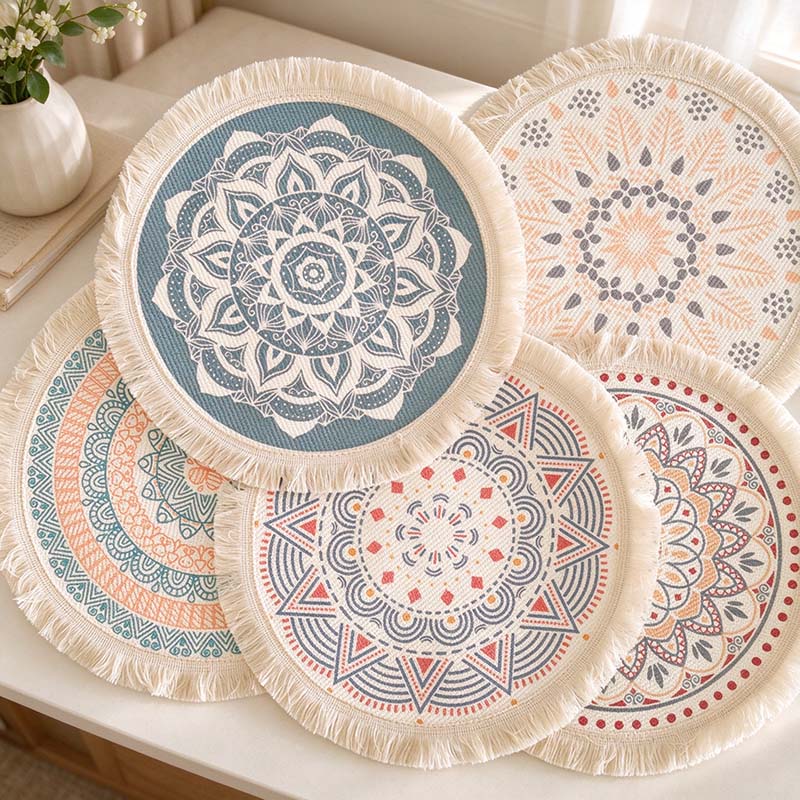 CouldNook Mandala Fringed Table Mat - Round Print
