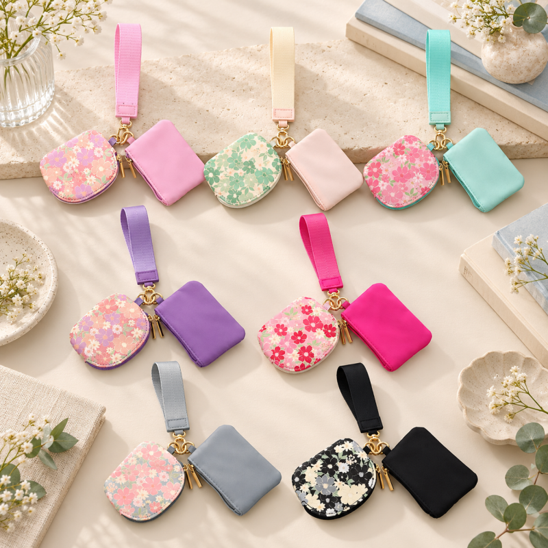 CouldNook Wristlet Pouch Set - Floral and Plain Zippered Compartments
