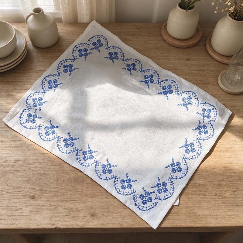 Embroidered Table Cloth with Red or Blue Border