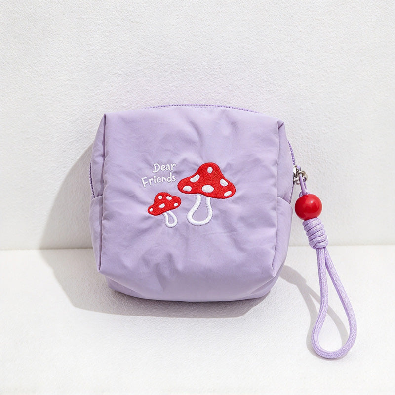 CouldNook Embroidered Mushroom Makeup Bag - Beaded Wrist Loop And Zipper