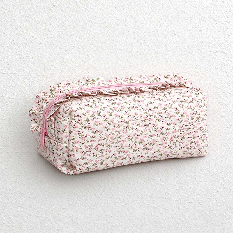 CouldNook Ruffled Cosmetic Pouch - Patterned Fabric And Top Zip Opening