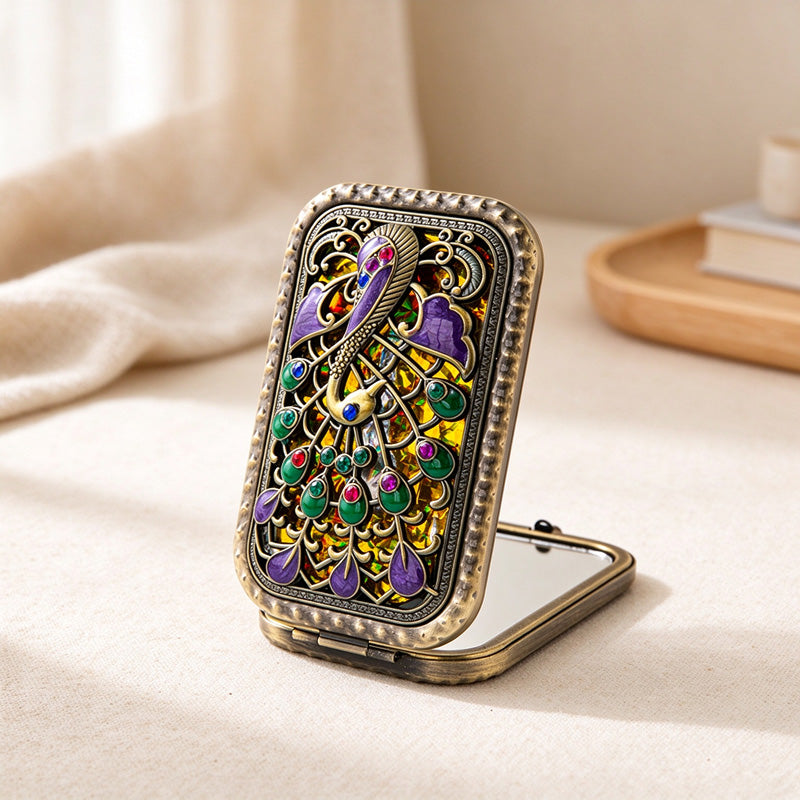 CouldNook Decorative Folding Pocket Mirror - Raised Peacock Motifs And Metal Frame