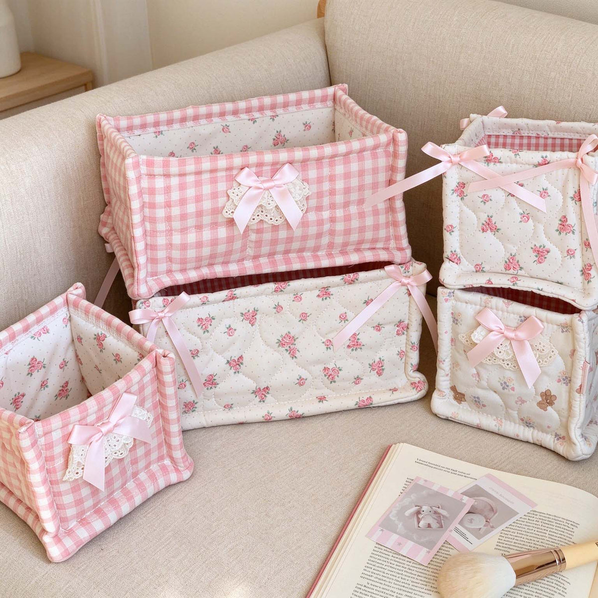 CouldNook Quilted Storage Basket - Open Top And Decorative Corner Ties