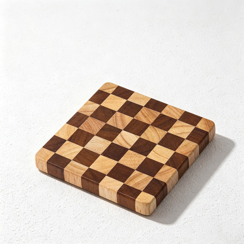 CouldNook Checkerboard Wood Coaster - Square Rubberwood Geometric Design