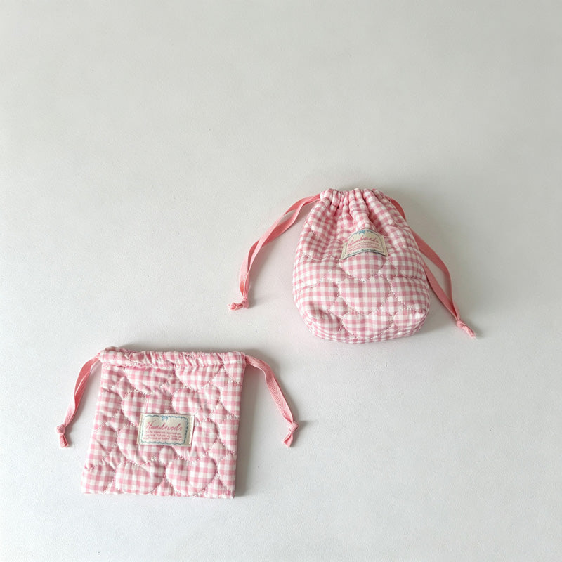CloudNook Heart Quilted Drawstring Pouch‑Cosmetic Storage Bag