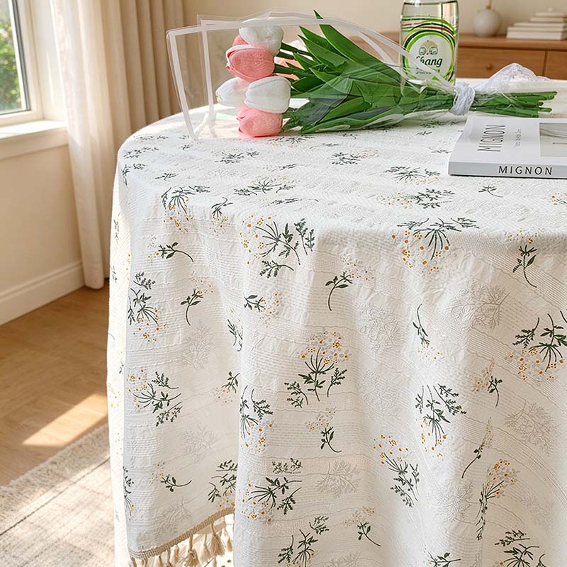 CouldNook Tassel Tablecloth - Floral Prints and Subtle Striped Pattern Options