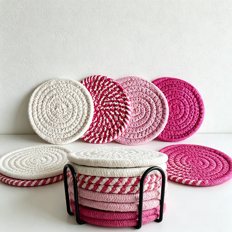 CouldNook 8-Piece Woven Cotton Coaster Set with Metal Holder - Minimalist Gradient Drink Mats