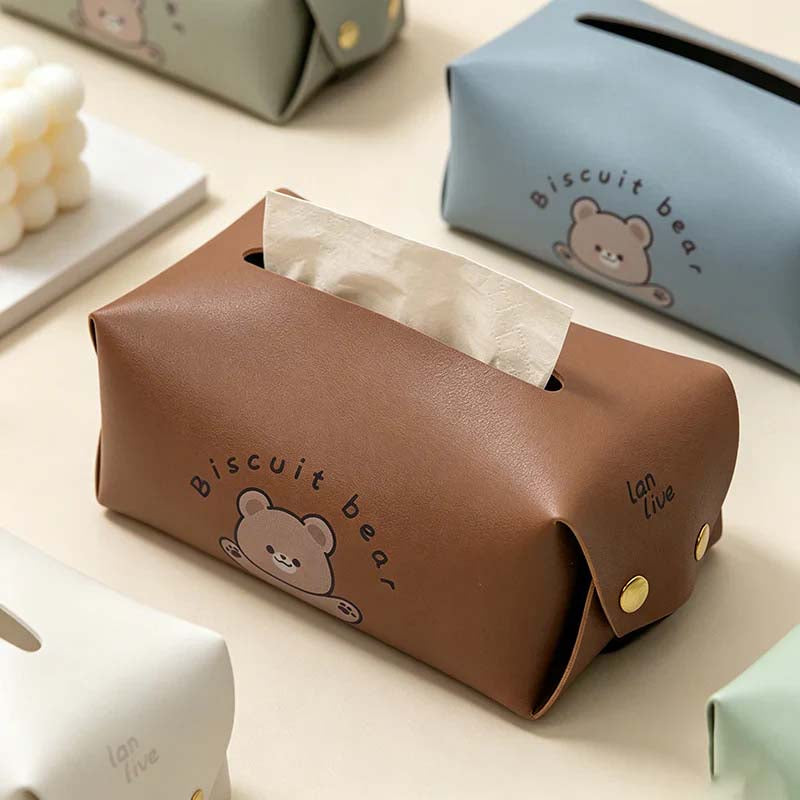 Car Hanging PU Leather Tissue Box - Cute Cartoon Multi-Functional Tissue Holder