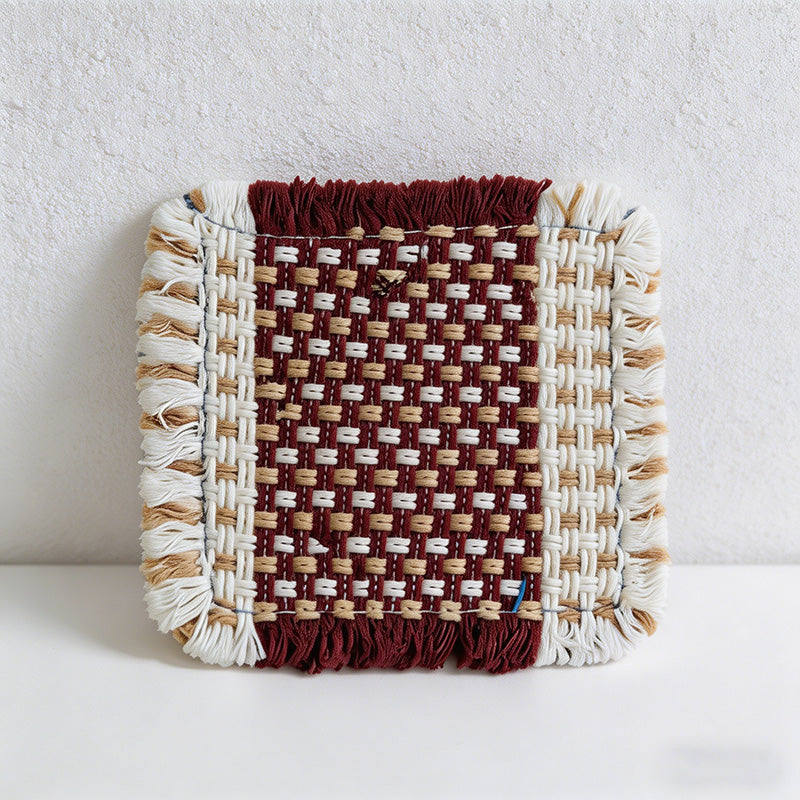CouldNook Boho Hand-Woven Fringe Coaster - Chunky Checkered Cotton Mug Mat