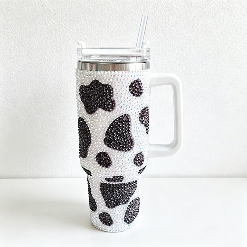CouldNook 40oz Rhinestone Cow Print Tumbler-Stainless Steel Vacuum Insulated Ice Tumbler with Handle & Straw