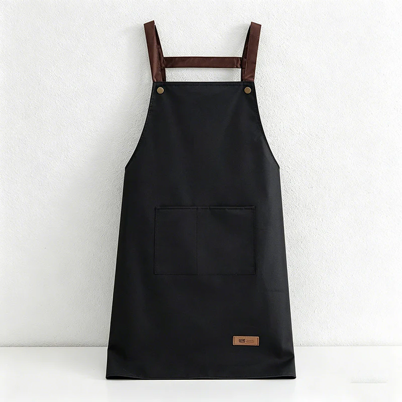 Solid Color with Leather Tag Backband Apron - PVC Waterproof Kitchen Apron