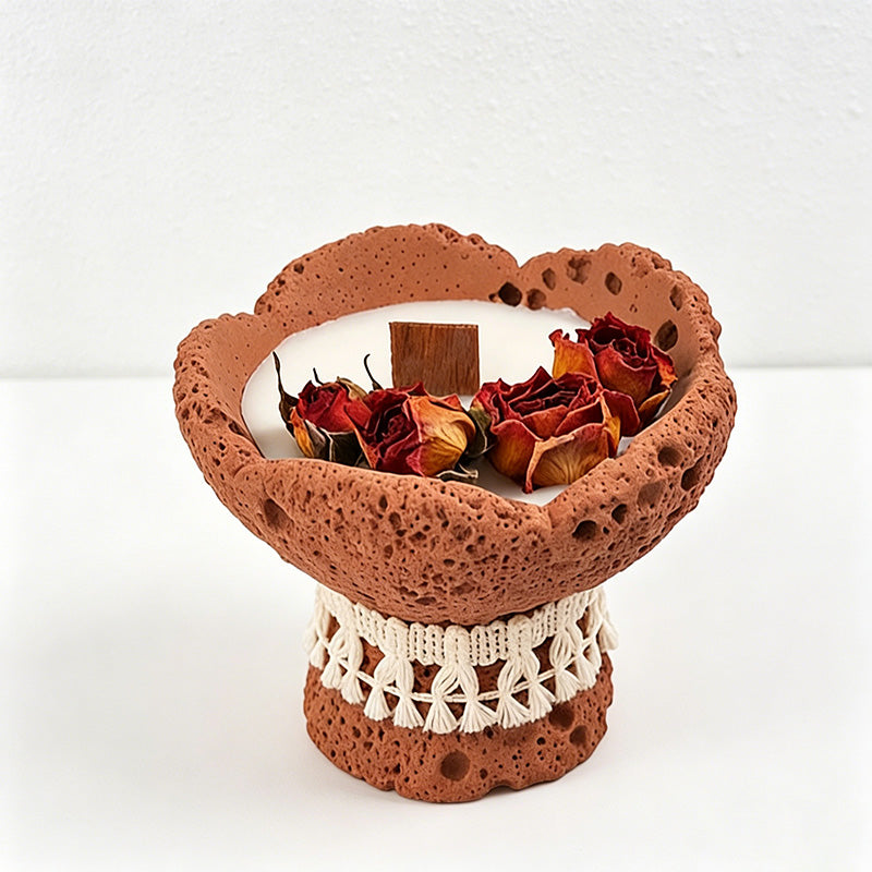 CouldNook Rustic Stone Pedestal Candle - Dried Rose & Macrame Boho Decor