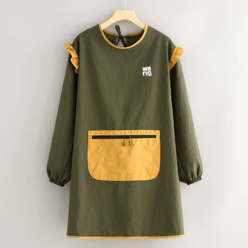 Waterproof with Ruffle Trim  Long Sleeve Apron- Canvas Kitchen Apron