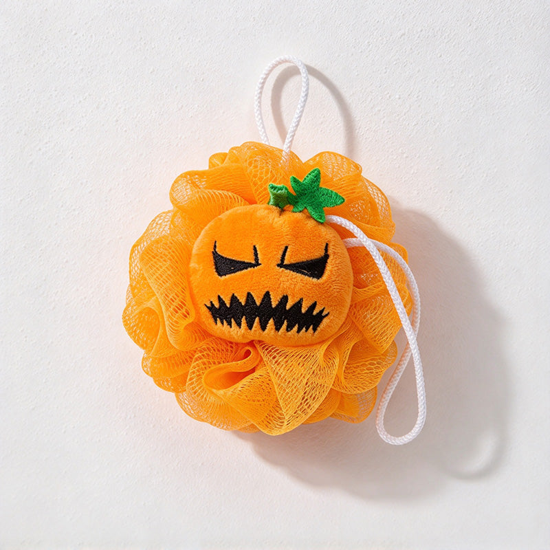 CouldNook Pumpkin Bath Pouf - Jack-O-Lantern Face And Hanging Cord