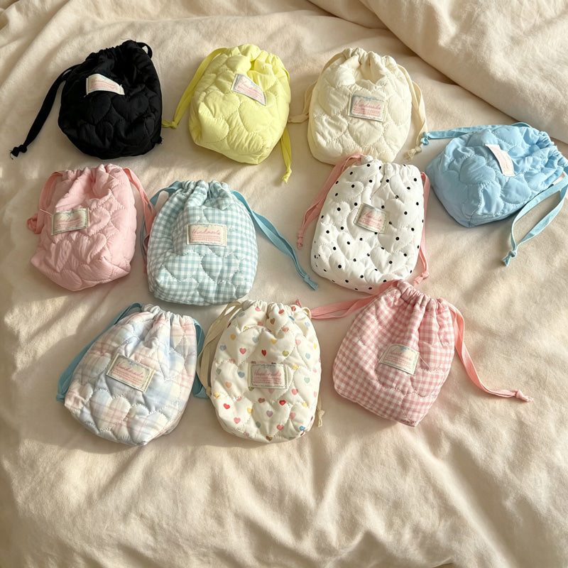 CloudNook Heart Quilted Drawstring Pouch‑Cosmetic Storage Bag