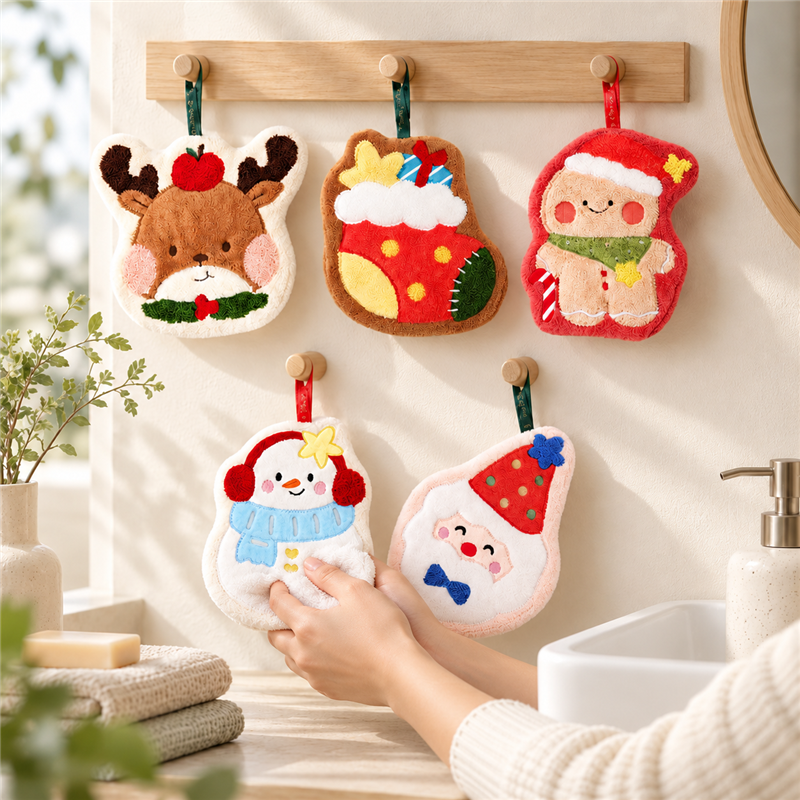 Christmas Hanging Hand Towels with Embroidered Character Details