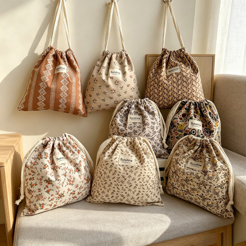CouldNook Cotton Drawstring Bag - Eight Earth-Tone Floral Designs