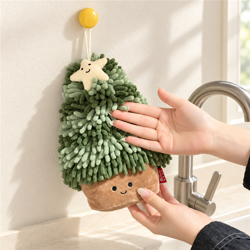 Christmas Tree Chenille Hand Towel with Smiling Star