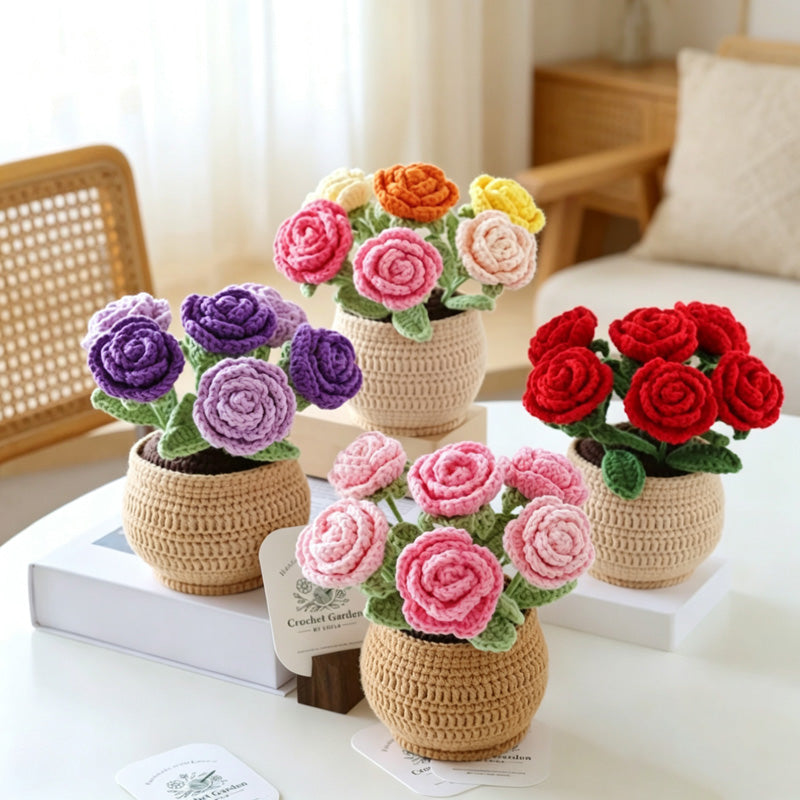 CouldNook Yarn Rose Planter Ornament - Six-Bloom Color Arrangements