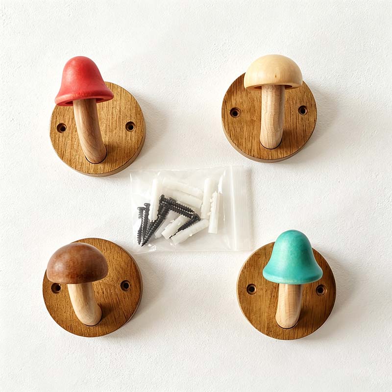 CouldNook Wood Mushroom Wall Hook - Adhesive Screw Options
