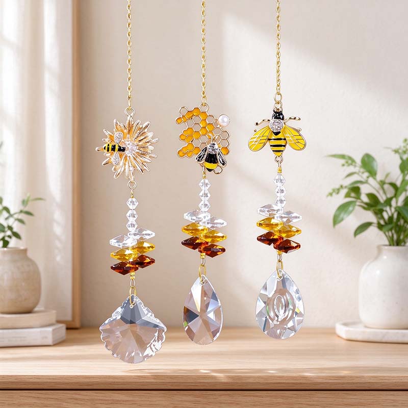CouldNook Bee Motif Suncatcher - Floral Details And Faceted Pendant Strand