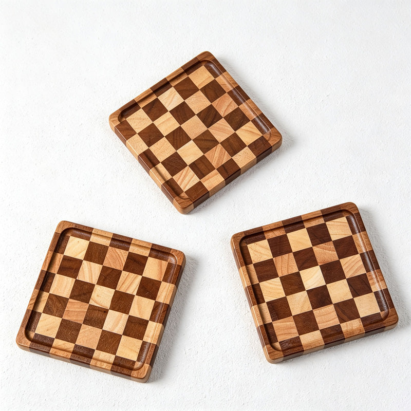 CouldNook Checkerboard Wood Coaster - Square Rubberwood Geometric Design