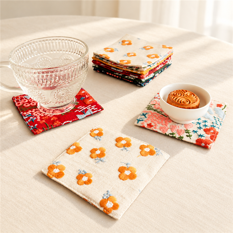 Embroidered Fabric Coaster with Botanical Patterns