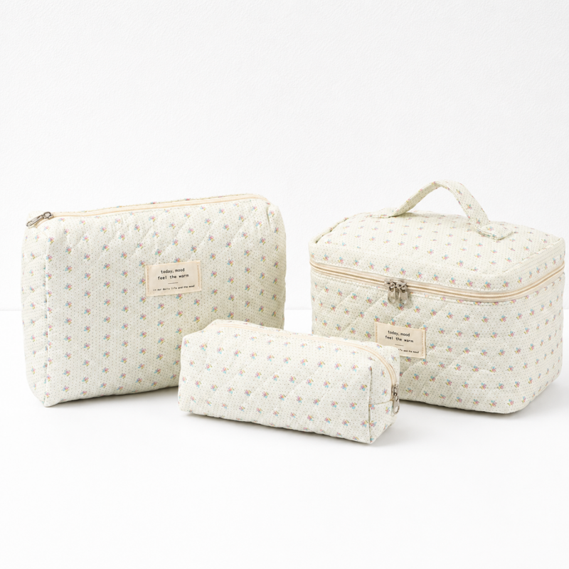 CouldNook Three Piece Quilted Cosmetic Bag Set - Floral Travel Organizers
