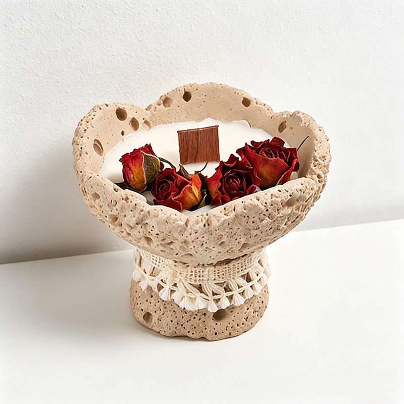 CouldNook Rustic Stone Pedestal Candle - Dried Rose & Macrame Boho Decor